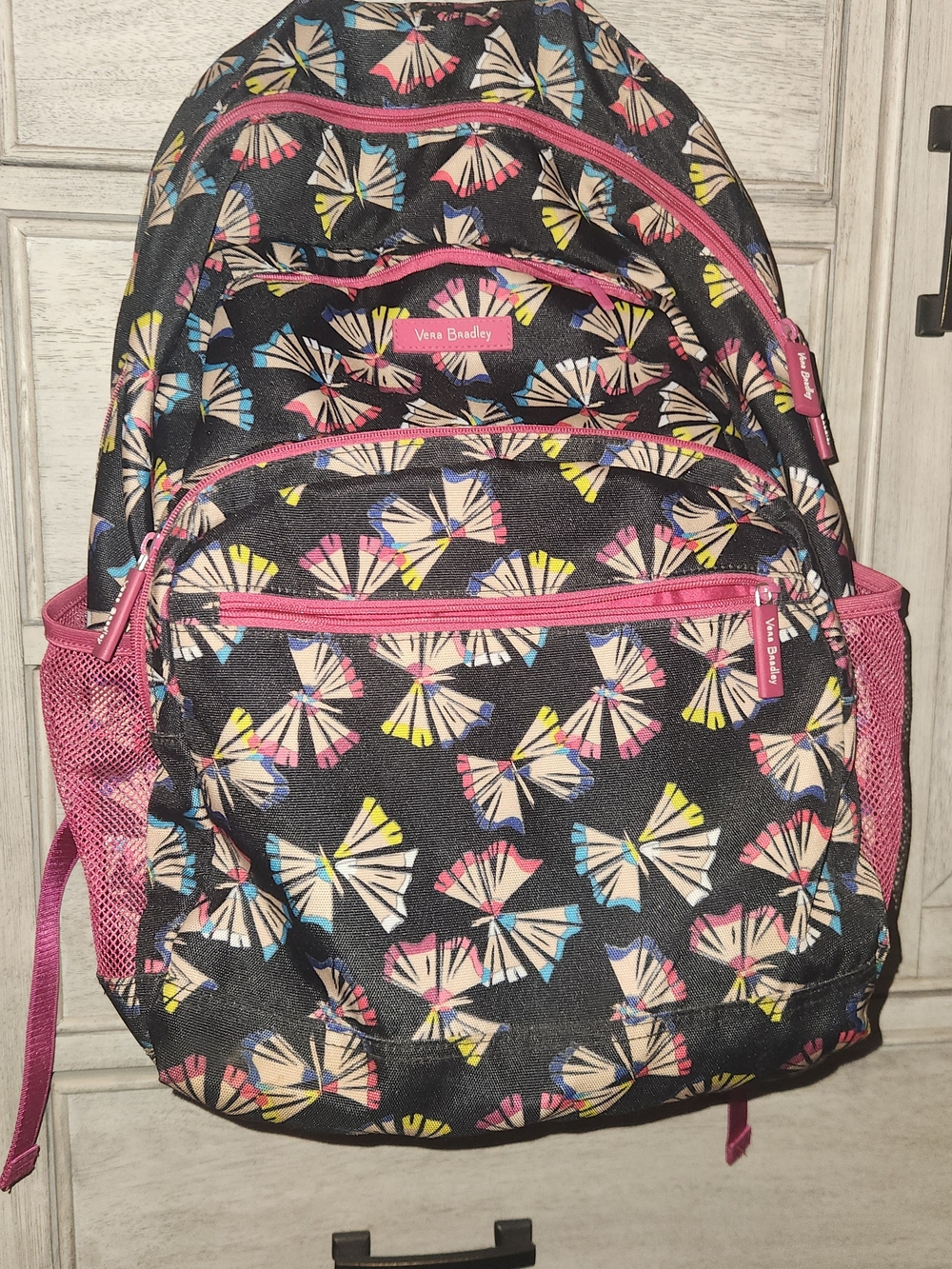Lg Vera Bradley Black Backpack with Pink Trim and Multicolor Fan Print